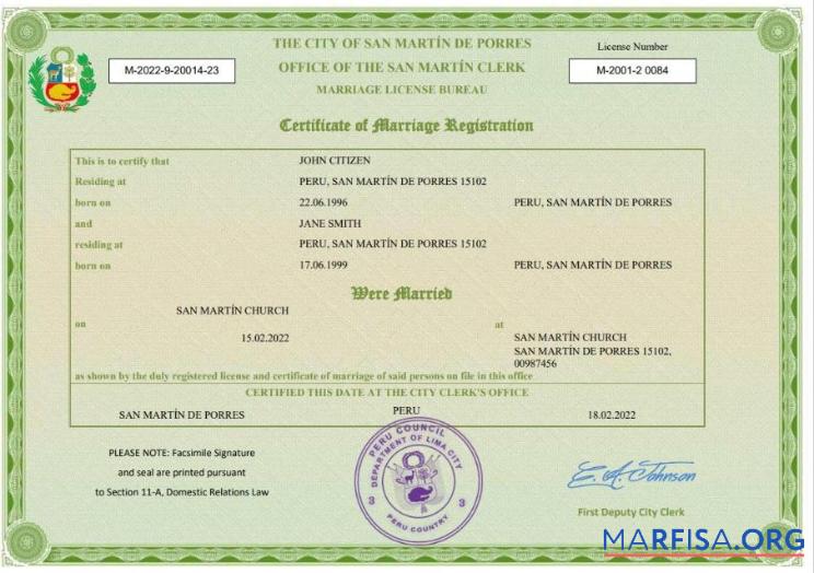 Blank Peru marriage certificate Word and PDF template